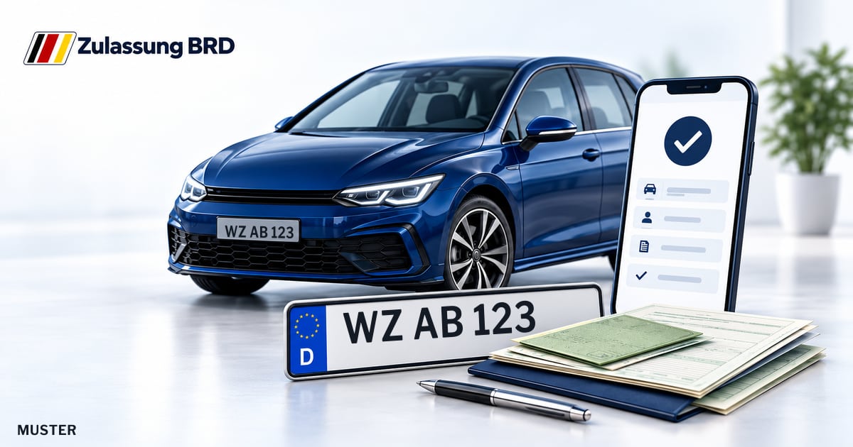 Online Fahrzeugzulassung in Aßlar: Musterkennzeichen WZ AB 123, Auto und Fahrzeugpapiere und Smartphone. Illustration mit Logo von Zulassung BRD.